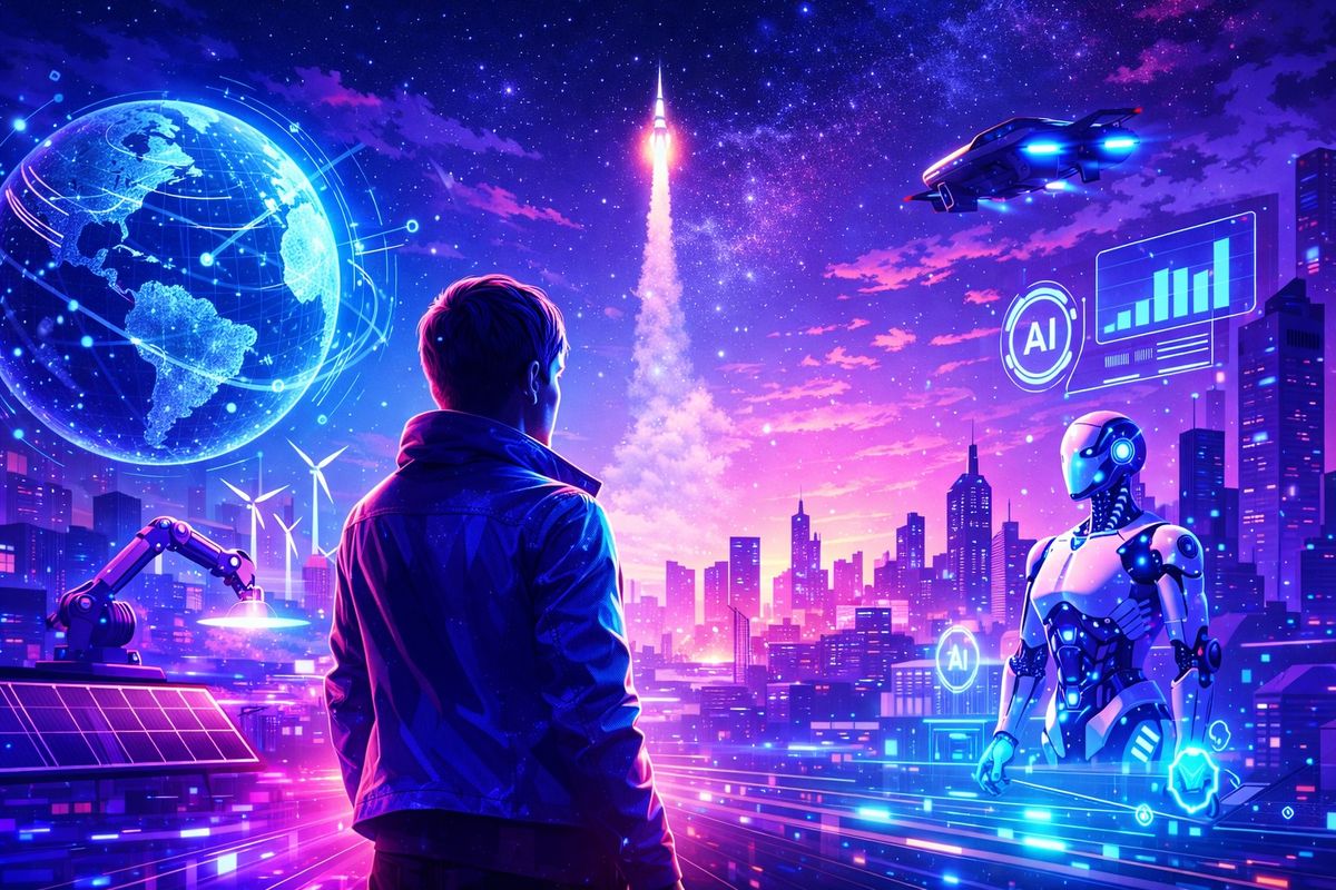 Picture of a person looking into the landscape of future.